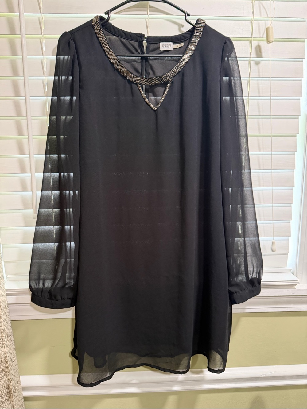 Charming Charlie Black Chiffon Long Sleeve Dress with Beaded Neckline